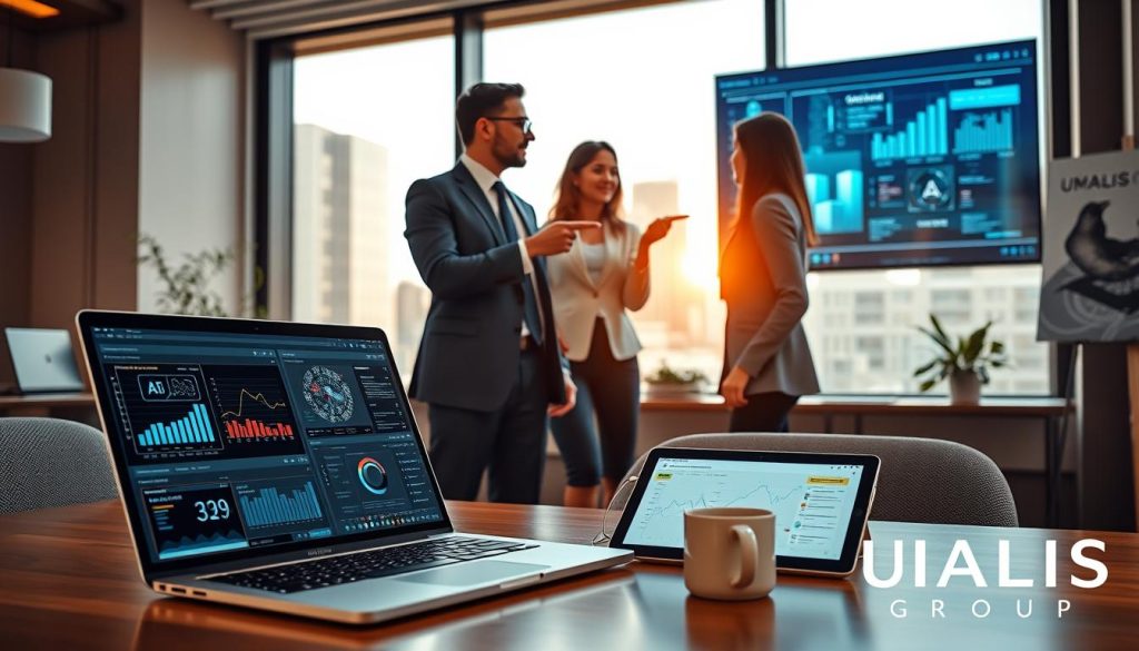 A modern office environment showcasing various artificial intelligence tools for consultants in a collaborative setting. In the foreground, a sleek laptop displays data analytics and AI software interfaces. Beside it, a tablet shows a dashboard of performance metrics. In the middle ground, two diverse consultants in professional business attire engage in discussion, pointing at AI-generated visualizations on a large screen behind them. The background features a large window with cityscape views, enhancing a sense of innovation and progress. Warm, natural lighting filters through, creating a positive and productive atmosphere. Include elements of the "UMALIS GROUP" brand subtly integrated into the workspace, such as a logo on a coffee mug or a branded poster on the wall. A modern office environment showcasing various artificial intelligence tools for consultants in a collaborative setting. In the foreground, a sleek laptop displays data analytics and AI software interfaces. Beside it, a tablet shows a dashboard of performance metrics. In the middle ground, two diverse consultants in professional business attire engage in discussion, pointing at AI-generated visualizations on a large screen behind them. The background features a large window with cityscape views, enhancing a sense of innovation and progress. Warm, natural lighting filters through, creating a positive and productive atmosphere. Include elements of the "UMALIS GROUP" brand subtly integrated into the workspace, such as a logo on a coffee mug or a branded poster on the wall.