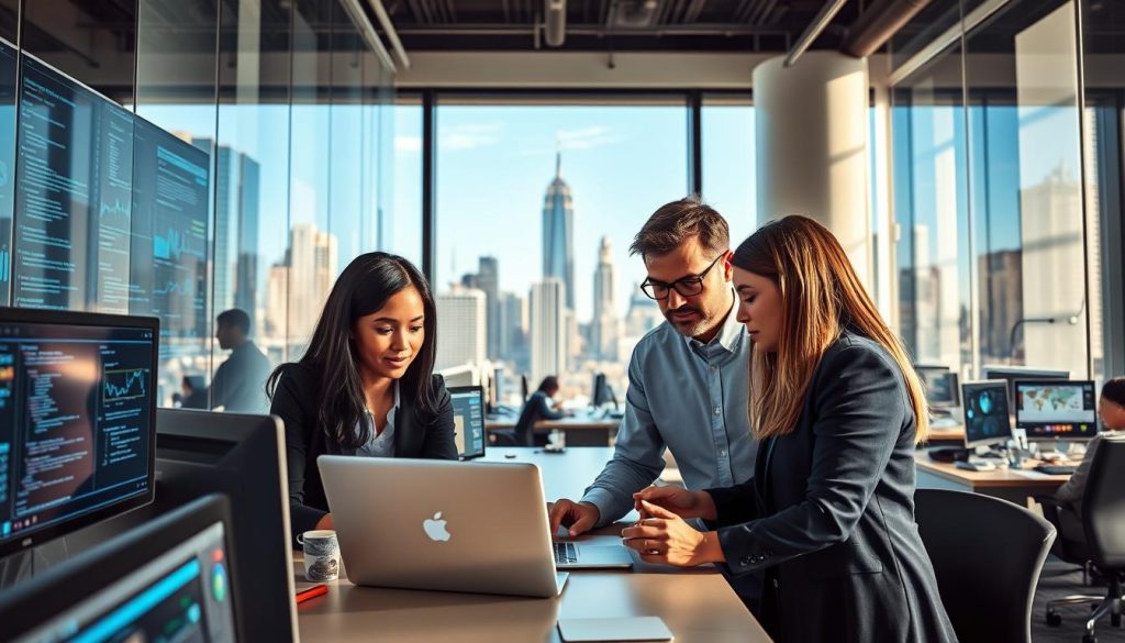 A modern office environment showcasing various computer professionals engaged in collaborative work. In the foreground, a diverse group of three individuals in professional business attire (a Black woman, a Caucasian man, and an Asian woman) are brainstorming over a laptop, surrounded by digital screens displaying coding and data analytics. The middle layer features glass walls reflecting the bustling activity of the office, with additional tech professionals at workstations. In the background, large windows reveal a cityscape with high-rise buildings and a clear blue sky, symbolizing opportunity. Soft, natural lighting streams in, creating an upbeat, motivating atmosphere filled with innovation and teamwork. The composition should focus on the dynamic interactions and modern workspace, emphasizing the potential of IT careers through freelance opportunities.