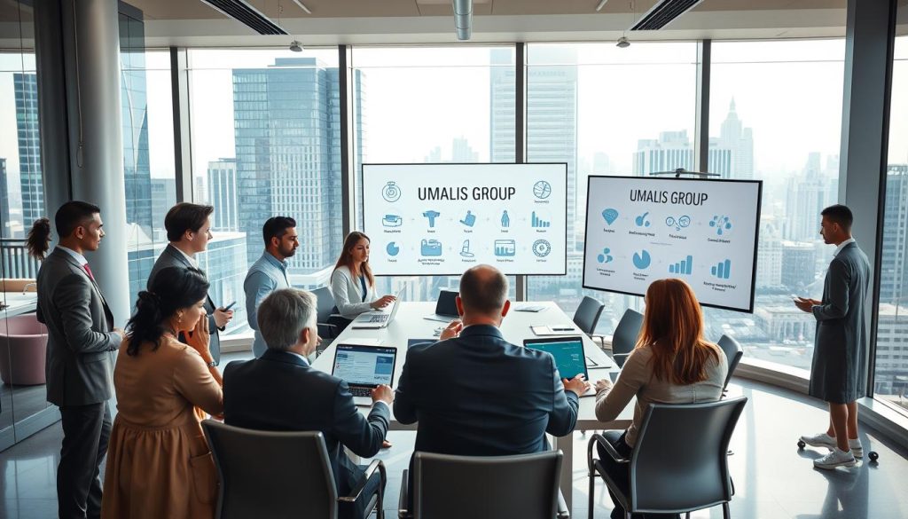 A modern office environment showcasing various types of client companies for freelance projects. In the foreground, a diverse group of professionals in business attire are engaged in discussions and brainstorming ideas. The middle ground features a stylish conference room with a large table, laptops, and charts displaying various industries such as technology, healthcare, and finance. In the background, large windows reveal a bustling cityscape, indicating a thriving business atmosphere. The lighting is bright and professional, highlighting collaboration and productivity. The overall mood is energetic and focused, inspiring creativity and growth. Include subtle branding elements like "UMALIS GROUP" on a presentation screen, ensuring it complements the scene harmoniously without dominating the image.