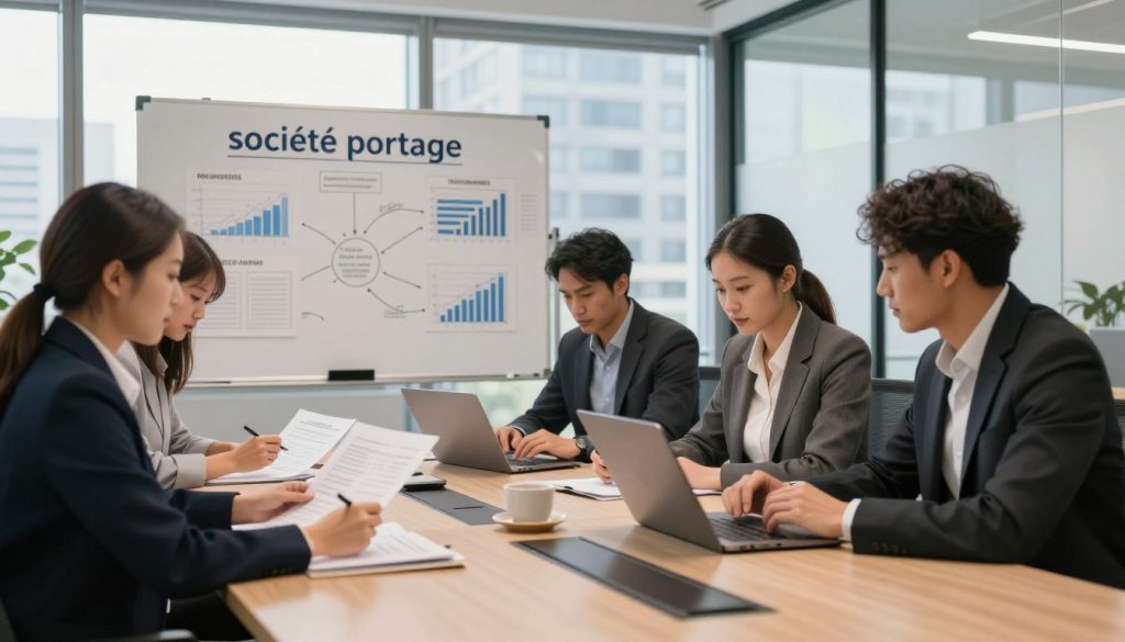 A modern office environment that reflects the essence of "société portage," showcasing a diverse group of professionals collaborating around a large conference table. In the foreground, a businesswoman in a smart blazer analyzes financial documents, while a businessman in professional attire uses a laptop. The middle ground features a whiteboard filled with graphs and flowcharts related to fiscal strategies. In the background, large windows let in natural light, illuminating a city skyline. The mood is focused and dynamic, emphasizing teamwork and professionalism, with soft, warm lighting that creates an inviting atmosphere. The angle captures a wide view of the room, highlighting the collaborative efforts in managing daily finances within a portage salarial context.