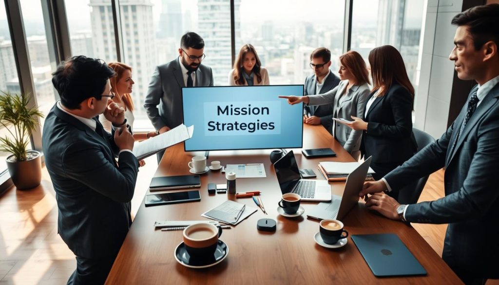 A modern office environment where a diverse group of consultants, dressed in professional business attire, collaborate around a large conference table. In the foreground, a male consultant is thoughtfully reviewing documents, while a female consultant points to a digital presentation on a screen, showcasing "Mission Search Strategies." In the middle, various office supplies, laptops, and cups of coffee create a dynamic workspace atmosphere. The background features large windows with city views, allowing natural light to flood the room, casting soft shadows on the polished wood floor. The mood is focused and professional, conveying a sense of teamwork and strategic planning, emphasizing the importance of expertise in consulting. The angle captures the consultants from a slight overhead perspective, highlighting the collaborative energy of the scene.