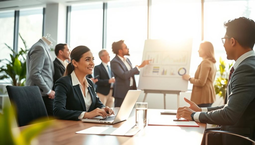 A modern office environment where a diverse group of professionals collaborates on a project. In the foreground, a confident woman in smart business attire sits at a desk with a laptop, actively engaging with a colleague, a man in a formal shirt and tie. In the middle, standing by a whiteboard filled with charts and diagrams, another woman points to key points while discussing with a group of attentive professionals. The background features large windows with sunlight streaming in, creating a warm and inviting atmosphere. Soft-focus plants are visible, adding a touch of greenery. The lighting is bright and cheerful, enhancing the sense of teamwork and support, reflecting the theme of guidance and expert assistance in professional growth. A modern office environment where a diverse group of professionals collaborates on a project. In the foreground, a confident woman in smart business attire sits at a desk with a laptop, actively engaging with a colleague, a man in a formal shirt and tie. In the middle, standing by a whiteboard filled with charts and diagrams, another woman points to key points while discussing with a group of attentive professionals. The background features large windows with sunlight streaming in, creating a warm and inviting atmosphere. Soft-focus plants are visible, adding a touch of greenery. The lighting is bright and cheerful, enhancing the sense of teamwork and support, reflecting the theme of guidance and expert assistance in professional growth.