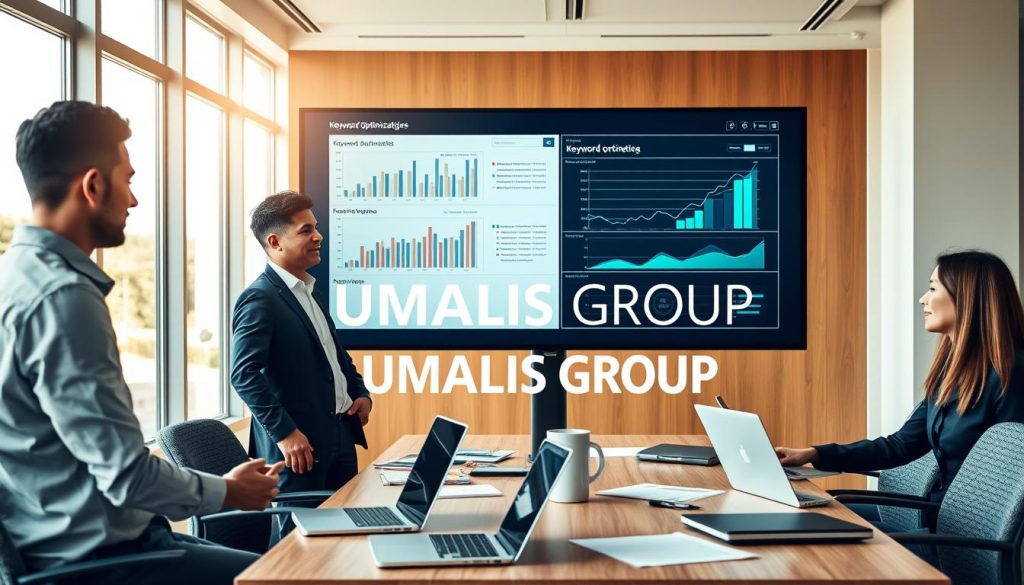 A modern office environment with a clear focus on digital marketing strategies for keyword optimization. In the foreground, a diverse group of professionals—two men and one woman—are engaged in a discussion around a large digital screen displaying graphs and analytics related to keyword performance. They are dressed in business casual attire. In the middle background, a stylish desk with laptops, notepads, and marketing materials scattered around, indicating a brainstorming session. The background features large windows letting in soft, natural light, creating a productive and optimistic atmosphere. The color palette is warm and inviting, with a hint of technology represented through sleek designs. Include the brand name "UMALIS GROUP" subtly integrated into the digital screen display, emphasizing their role in optimization strategies.