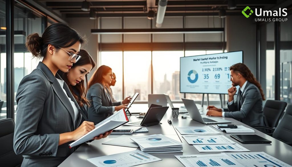 A modern office environment with a diverse group of professionals analyzing market trends on digital devices. In the foreground, a focused woman in business attire is taking notes on a notepad, surrounded by charts and graphs illustrating pricing strategies. The middle layer features a sleek conference table cluttered with laptops, tablets, and printed market analysis reports, while a large screen displays key statistics related to salary portage. The background showcases a city skyline through a large window, bathed in natural light, creating an inspiring atmosphere. The overall mood is collaborative and analytical, highlighting the importance of market study and strategic pricing in the context of professional freelancing. Include the logo of Umalis Group subtly in the background. A modern office environment with a diverse group of professionals analyzing market trends on digital devices. In the foreground, a focused woman in business attire is taking notes on a notepad, surrounded by charts and graphs illustrating pricing strategies. The middle layer features a sleek conference table cluttered with laptops, tablets, and printed market analysis reports, while a large screen displays key statistics related to salary portage. The background showcases a city skyline through a large window, bathed in natural light, creating an inspiring atmosphere. The overall mood is collaborative and analytical, highlighting the importance of market study and strategic pricing in the context of professional freelancing. Include the logo of Umalis Group subtly in the background.
