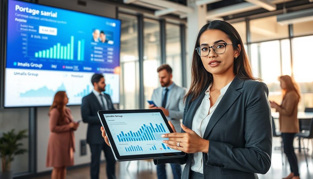 A modern office environment with a diverse group of professionals discussing strategies for revenue optimization and business management. In the foreground, a confident woman in professional attire presents financial charts and graphs on a digital tablet, while a man in a suit takes notes. In the middle ground, a large screen displays dynamic data visuals related to "Umalis Group" and portage salarial. The background shows a sleek office space with large windows allowing natural light to fill the room, creating an inspiring atmosphere. The composition should be well-lit, with warm tones to evoke a sense of collaboration and innovation, shot from a slightly elevated angle to capture the interaction and engagement of the team. A modern office environment with a diverse group of professionals discussing strategies for revenue optimization and business management. In the foreground, a confident woman in professional attire presents financial charts and graphs on a digital tablet, while a man in a suit takes notes. In the middle ground, a large screen displays dynamic data visuals related to "Umalis Group" and portage salarial. The background shows a sleek office space with large windows allowing natural light to fill the room, creating an inspiring atmosphere. The composition should be well-lit, with warm tones to evoke a sense of collaboration and innovation, shot from a slightly elevated angle to capture the interaction and engagement of the team.