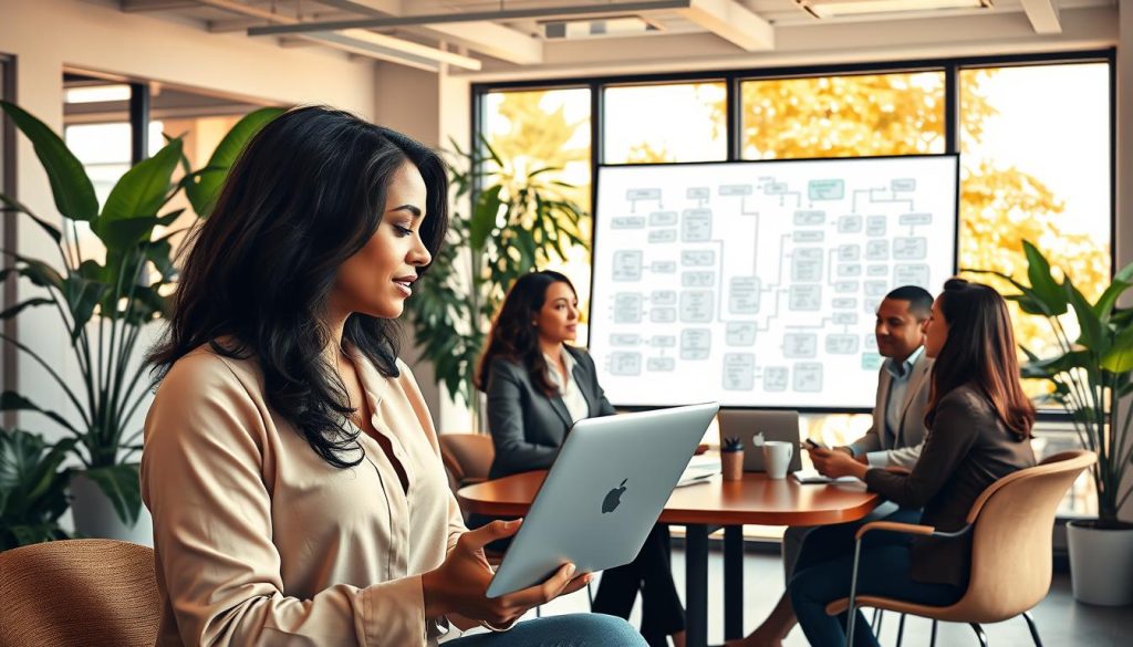 A modern office environment with a diverse group of professionals engaged in a collaborative meeting. In the foreground, a well-dressed woman with a laptop is sharing insights with her colleagues, who are attentively listening. The middle ground features a large whiteboard filled with flowcharts and ideas, illustrating teamwork and strategic planning. In the background, large windows let in warm, natural light, illuminating the space and creating a welcoming atmosphere. The room is decorated with plants, enhancing the professional yet relaxed vibe. The scene conveys a sense of personalized support and an expanded professional network among creative individuals, emphasizing collaboration and growth in a contemporary workspace.