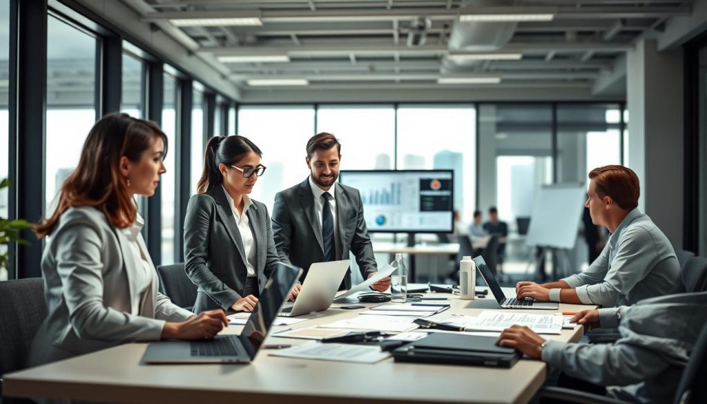 A modern office environment, with a focus on administrative efficiency. In the foreground, a diverse group of professionals, including a woman in a smart business suit and a man in business casual attire, are engaged in discussion around a table filled with laptops, digital tools, and paperwork. The middle ground features an organized workstation with a large monitor displaying charts and project management software. In the background, bright natural light floods in through large windows, showcasing an urban skyline. Soft, neutral colors dominate the scene to convey a calm and professional atmosphere, with a slight blur effect on the background to emphasize the foreground action. The image captures a sense of teamwork and simplicity in daily administrative tasks, reflecting a streamlined and efficient work process. A modern office environment, with a focus on administrative efficiency. In the foreground, a diverse group of professionals, including a woman in a smart business suit and a man in business casual attire, are engaged in discussion around a table filled with laptops, digital tools, and paperwork. The middle ground features an organized workstation with a large monitor displaying charts and project management software. In the background, bright natural light floods in through large windows, showcasing an urban skyline. Soft, neutral colors dominate the scene to convey a calm and professional atmosphere, with a slight blur effect on the background to emphasize the foreground action. The image captures a sense of teamwork and simplicity in daily administrative tasks, reflecting a streamlined and efficient work process.