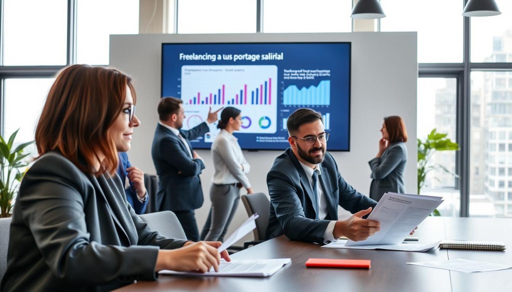 A modern office environment with a focus on business support and collaboration. In the foreground, a diverse group of professionals in business attire, including a woman with shoulder-length brown hair in a blazer and a man with glasses reviewing documents together at a large conference table. In the middle ground, another professional gestures towards a digital presentation on a screen, showcasing graphs and statistics related to freelancing and salary management. In the background, large windows let in natural light, illuminating the room with a bright and optimistic atmosphere. The overall mood is one of professionalism and empowerment, reflecting the role of support companies like "UMALIS GROUP" in the world of portage salarial. The image is well-composed with a slightly elevated angle, capturing the collaborative spirit of the office space.