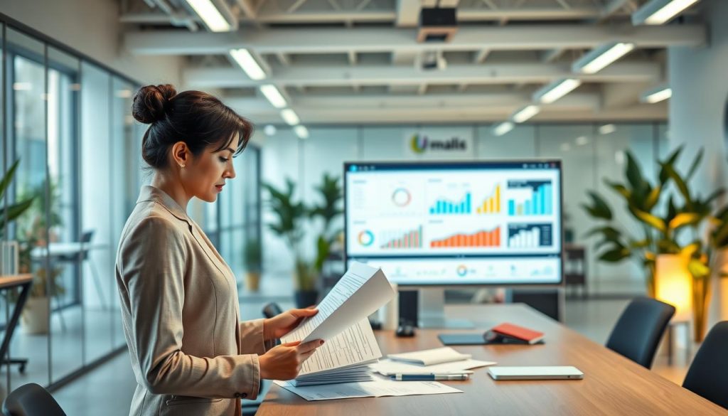 A modern office environment with a focus on efficient salary management. In the foreground, a professional businesswoman dressed in elegant attire is reviewing financial documents and using a laptop, showcasing focus and productivity. The middle section includes a large desktop screen displaying graphs and statistics related to salary management, conveying a sense of optimization. The background reveals a sleek, contemporary open-plan workspace with glass partitions, ample natural light filtering through, and greenery for a refreshing atmosphere. Soft but vibrant lighting enhances the professionalism of the space. The overall mood is focused, motivated, and organized, embodying the concept of "Optimisation gestion portage salarial." Incorporate the brand name "Umalis Group" discreetly into the office branding, visible on a wall or in the background design.