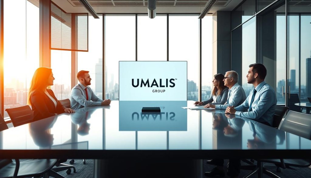 A modern office environment with a sleek conference table in the foreground, featuring a diverse group of professionals in business attire engaged in a discussion. The middle ground showcases a digital display screen featuring the logo "UMALIS GROUP" prominently. Behind them, large windows allow natural light to flood the room, casting a warm ambiance, with a cityscape visible outside. The atmosphere is collaborative and focused, reflecting an air of professionalism and expertise essential for the consulting field. The color palette is composed of soft blues and grays, creating a calming effect, while smart office decor reinforces the themes of innovation and partnership. The image is captured from a slightly elevated angle, emphasizing engagement and teamwork.