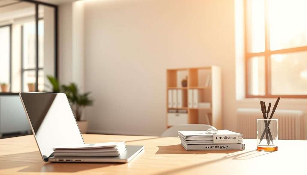 A modern office interior, bathed in warm, natural light filtering through large windows. In the foreground, a minimalist desk setup with a sleek laptop, a neatly organized stack of files, and a stylized pen holder with the Umalis Group logo. The middle ground features a minimalist bookshelf and a potted plant, conveying a sense of efficiency and professionalism. The background showcases a clean, uncluttered wall with a subtle geometric pattern, creating a calming and focused atmosphere. The overall scene suggests an environment where administrative tasks are streamlined and simplified, reflecting the "Les démarches administratives simplifiées grâce au portage salarial" section of the article.