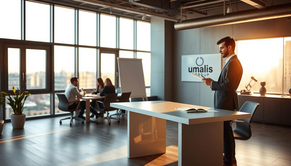 A modern office interior, bathed in warm, natural light from large windows. In the foreground, a young professional, dressed in business attire, stands at a sleek, minimalist desk, reviewing documents. The middle ground features a team of colleagues collaborating at a conference table, demonstrating the collaborative nature of "portage salarial". The background showcases the Umalis Group brand, visible through subtle branding and decor elements. The overall atmosphere conveys a sense of professionalism, security, and opportunity within the French legal framework of "portage salarial".