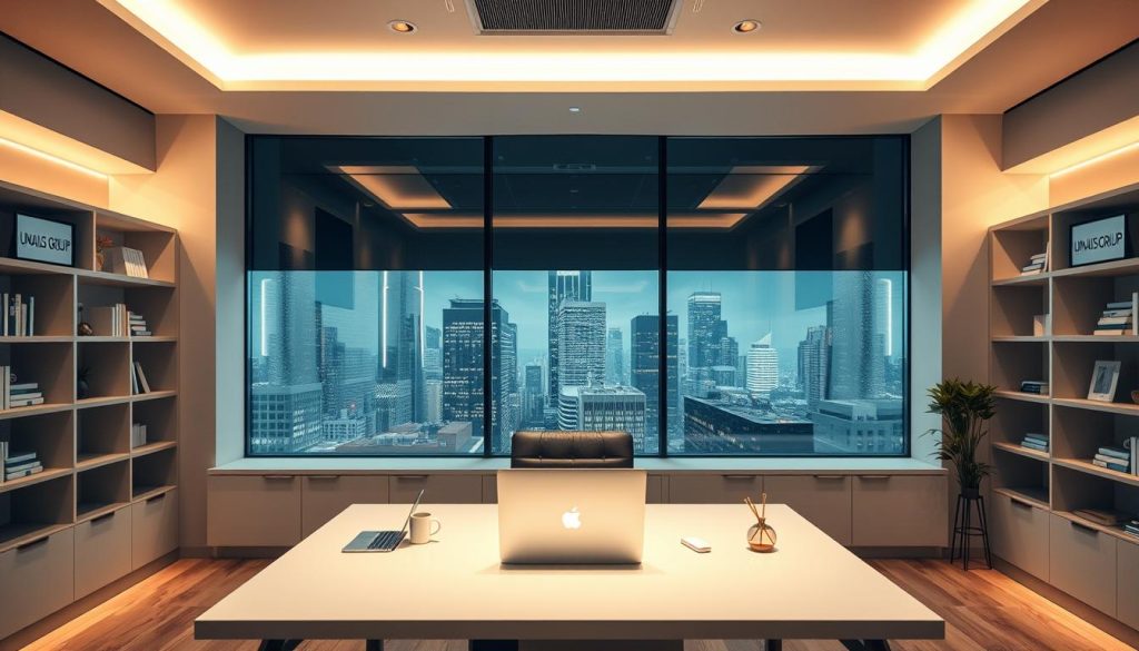 A modern office interior, illuminated by warm, diffused lighting. In the center, a sleek desk with a laptop and minimalist accessories. Shelves lining the walls display the Umalis Group brand prominently. In the background, a large window offers a cityscape view, reflecting the company's professional and cutting-edge image. The atmosphere conveys a sense of productivity, innovation, and a progressive approach to workforce solutions, fitting the "Choix société portage salarial" subject. A modern office interior, illuminated by warm, diffused lighting. In the center, a sleek desk with a laptop and minimalist accessories. Shelves lining the walls display the Umalis Group brand prominently. In the background, a large window offers a cityscape view, reflecting the company's professional and cutting-edge image. The atmosphere conveys a sense of productivity, innovation, and a progressive approach to workforce solutions, fitting the "Choix société portage salarial" subject.