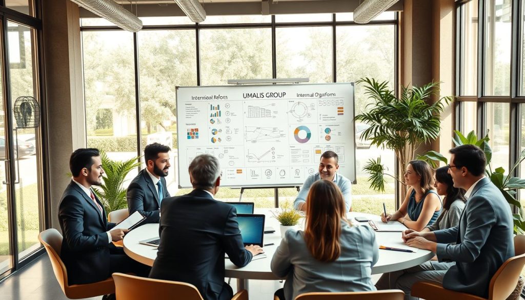 A modern office interior showcasing a collaborative workspace, reflecting internal organizational reform. In the foreground, a diverse group of professionals in business attire engage in a round table discussion, with digital devices and notebooks open. The middle layer features a large whiteboard filled with brainstorming ideas and charts, surrounded by modern furniture and vibrant indoor plants. In the background, large windows let in natural light, creating a warm atmosphere. The lighting is bright yet soft, enhancing focus and creativity. The overall mood is optimistic and dynamic, emphasizing teamwork and innovative strategies. Include subtle branding of "UMALIS GROUP" incorporated into the office design elements, such as on a mug or notebook. A modern office interior showcasing a collaborative workspace, reflecting internal organizational reform. In the foreground, a diverse group of professionals in business attire engage in a round table discussion, with digital devices and notebooks open. The middle layer features a large whiteboard filled with brainstorming ideas and charts, surrounded by modern furniture and vibrant indoor plants. In the background, large windows let in natural light, creating a warm atmosphere. The lighting is bright yet soft, enhancing focus and creativity. The overall mood is optimistic and dynamic, emphasizing teamwork and innovative strategies. Include subtle branding of "UMALIS GROUP" incorporated into the office design elements, such as on a mug or notebook.