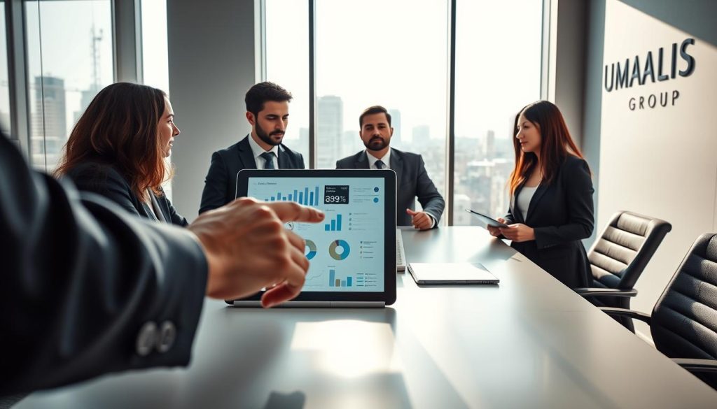 A modern office interior, showcasing a diverse group of four professionals discussing a project around a sleek conference table. The foreground features a close-up of hands pointing at a tablet displaying graphs and charts, indicating client needs. In the middle, two business professionals, a man and a woman, are engaged in conversation, both dressed in business attire, while a third person takes notes. The background features large windows with a cityscape view, letting in bright natural light, creating an energetic and focused atmosphere. Soft shadows are cast on the walls, enhancing the depth of the room. The branding "UMALIS GROUP" is subtly integrated into the office decor. The mood is collaborative and professional, emphasizing clarity and communication in client relations. A modern office interior, showcasing a diverse group of four professionals discussing a project around a sleek conference table. The foreground features a close-up of hands pointing at a tablet displaying graphs and charts, indicating client needs. In the middle, two business professionals, a man and a woman, are engaged in conversation, both dressed in business attire, while a third person takes notes. The background features large windows with a cityscape view, letting in bright natural light, creating an energetic and focused atmosphere. Soft shadows are cast on the walls, enhancing the depth of the room. The branding "UMALIS GROUP" is subtly integrated into the office decor. The mood is collaborative and professional, emphasizing clarity and communication in client relations.