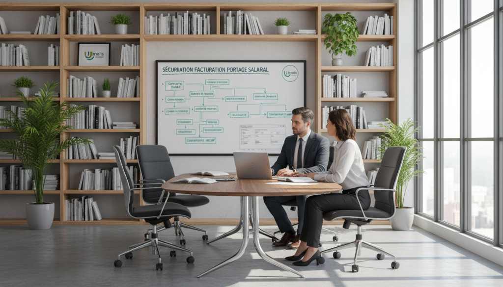 A modern office interior showcasing a professional atmosphere focusing on "sécurisation facturation portage salarial." In the foreground, a diverse group of three professionals in business attire (a man and two women) are engaged in a discussion around a sleek conference table, with documents and a laptop displaying an invoice clearly visible. The middle ground features a large whiteboard with charts and graphs illustrating financial security and tracking. In the background, there are shelves filled with business books and plants, creating a warm yet professional environment. Soft, natural lighting filters in through large windows, casting gentle shadows. The overall mood should feel collaborative and focused, emphasizing the importance of secure billing processes in portage salarial. Include the brand name "Umalis Group" subtly integrated into the office decor.