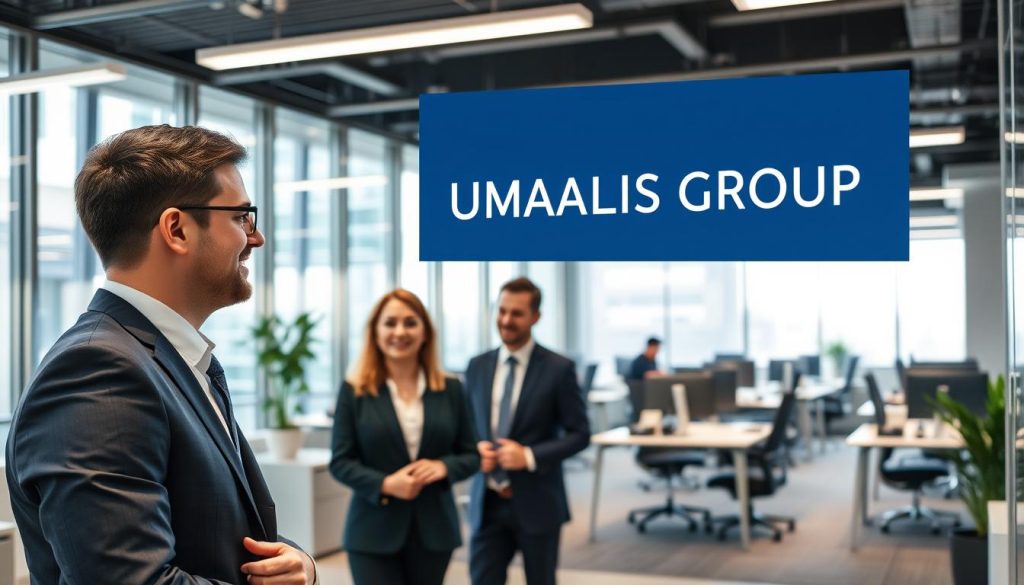 A modern office interior, showcasing the UMALIS GROUP brand and services. In the foreground, a professional employee wearing a suit consults with a client, their expressions conveying a productive business discussion. In the middle ground, desks and chairs are arranged in a collaborative workspace, with the UMALIS GROUP logo prominently displayed on the wall. The background features floor-to-ceiling windows, allowing natural light to flood the space and create a warm, welcoming atmosphere. The overall scene conveys the professionalism, expertise, and client-centric approach of the UMALIS GROUP's portage salarial services.