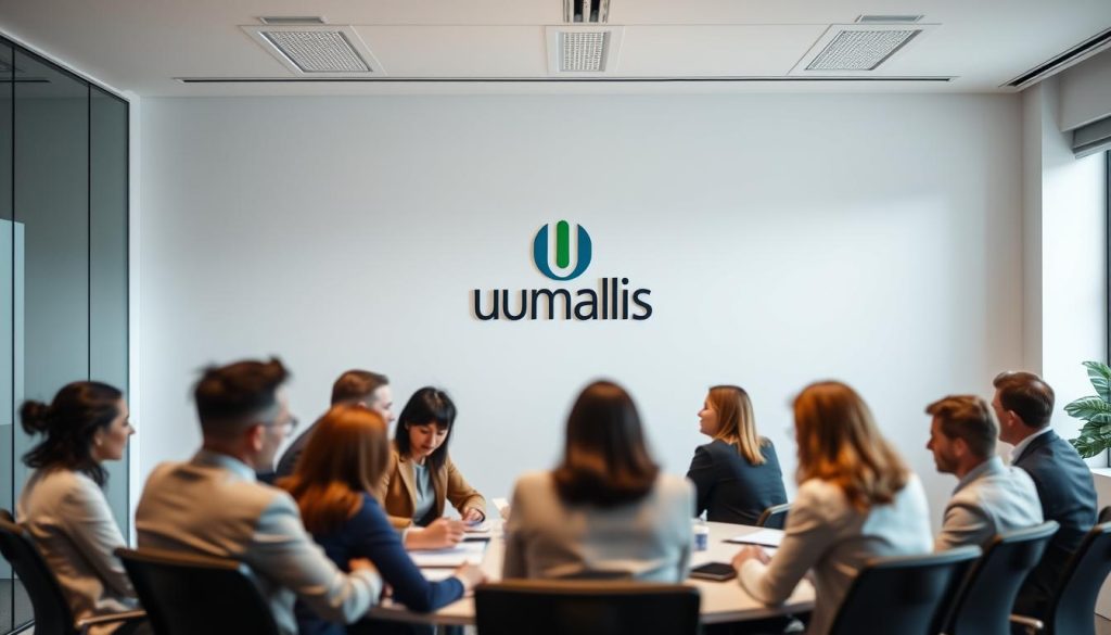 A modern office interior with a boardroom table and chairs, natural lighting from large windows, and the Umalis Group logo prominently displayed on the wall. The room has a minimalist, professional design with clean lines and muted colors, creating a calm and focused atmosphere. In the foreground, a group of diverse business people are engaged in a collaborative discussion, conveying a sense of cooperation and collective decision-making. The overall scene reflects the responsibilities and economic considerations of employers in the French labor legislation.