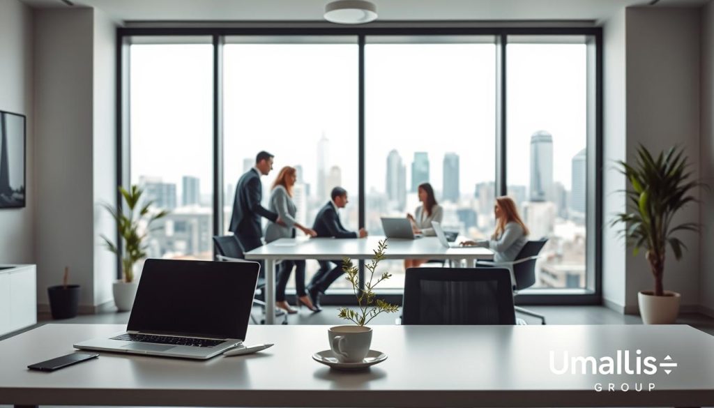 A modern office interior with a clean, minimalist aesthetic. In the foreground, a sleek and ergonomic desk setup featuring a laptop, a cup of coffee, and a small plant. The middle ground showcases a team of professionals in business attire engaged in a collaborative meeting, representing the administrative and legal aspects of "portage salarial". The background features large windows overlooking a bustling city skyline, conveying a sense of efficiency and professionalism. Soft, diffused lighting creates a calm and productive atmosphere. Umalis Group branding is subtly incorporated into the scene, reflecting the simplicity and flexibility of their "portage salarial" offering.