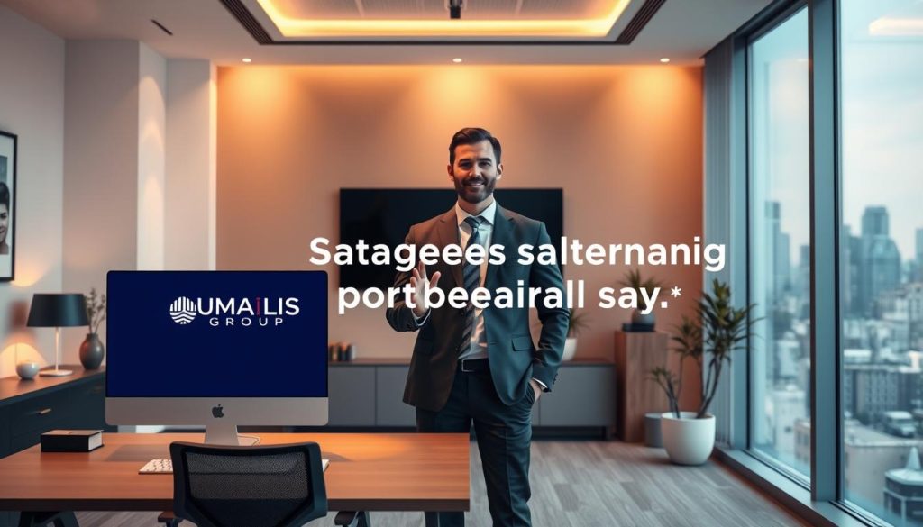 A modern office interior with a desk, chair, and computer displaying the UMALIS GROUP logo. Warm, diffused lighting creates a professional yet inviting atmosphere. In the middle ground, a well-dressed business person standing, gesturing towards the screen, representing the advantages of the portage salarial service. The background features minimalist decor and large windows overlooking a bustling city skyline, symbolizing the flexibility and opportunities offered by this employment model.