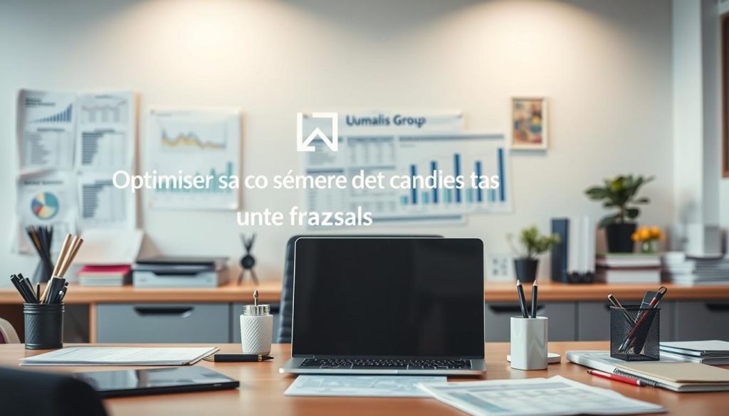 A modern office interior with a desk, laptop, and various office supplies. The desk is adorned with the Umalis Group logo, signifying the professional nature of the scene. The lighting is soft and diffused, creating a warm and inviting atmosphere. In the background, financial documents and charts are visible, hinting at the focus on optimizing professional expenses and tax deductions. The overall composition conveys a sense of organization, efficiency, and attention to detail, reflecting the theme of "Optimiser sa déclaration et la déduction des frais professionnels".