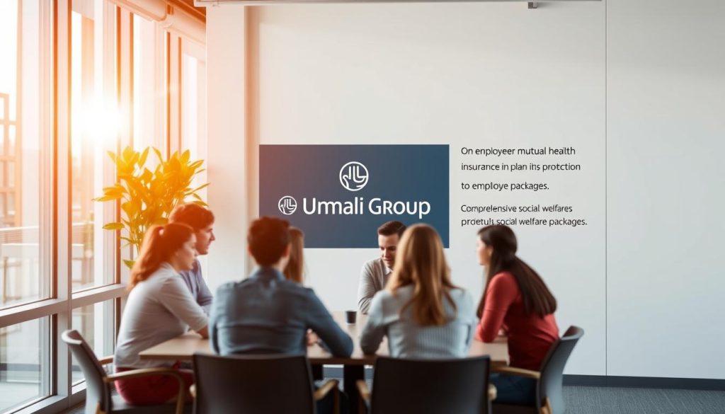 A modern office interior with a focus on employee benefits and social protection. In the foreground, a group of Umalis Group employees gathered around a conference table, discussing their mutual health insurance plan. Warm, natural lighting filters through large windows, creating a calm and professional atmosphere. In the middle ground, a display showcases the Umalis Group logo and information about their comprehensive social welfare package. The background features a clean, minimalist design with muted colors, emphasizing the company's commitment to employee well-being.