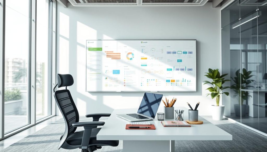 A modern office interior with a focus on optimization and productivity for Umalis Group's salarial portage workers. In the foreground, a stylish desk setup with a sleek laptop, ergonomic chair, and neatly organized stationery. The middle ground features a large whiteboard filled with colorful diagrams and flow charts, indicating strategic planning and task management. The background showcases floor-to-ceiling windows, allowing ample natural light to flood the space and create a bright, airy atmosphere. The overall scene conveys a sense of efficiency, organization, and the advantages of utilizing robust management tools for salarial portage professionals.