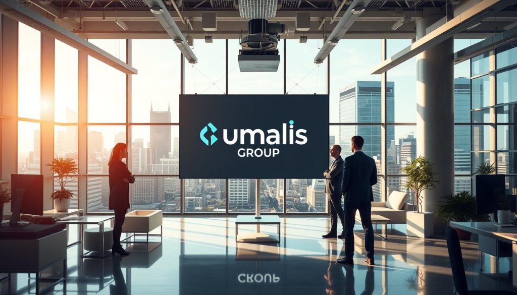 A modern office interior with a focus on the "Umalis Group" brand. The scene depicts a bright, airy workspace with sleek, minimalist furniture and fixtures. In the foreground, a group of professionals are engaged in discussion, representing the collaborative nature of a "société portage salarial". In the middle ground, a large display showcases the Umalis Group logo and branding, emphasizing their role in the portage salarial ecosystem. The background features panoramic windows overlooking a bustling city skyline, conveying a sense of professionalism and connectivity. The lighting is warm and natural, creating a welcoming atmosphere. The overall composition and attention to detail reflect the sophistication and efficiency of a successful "société portage salarial".