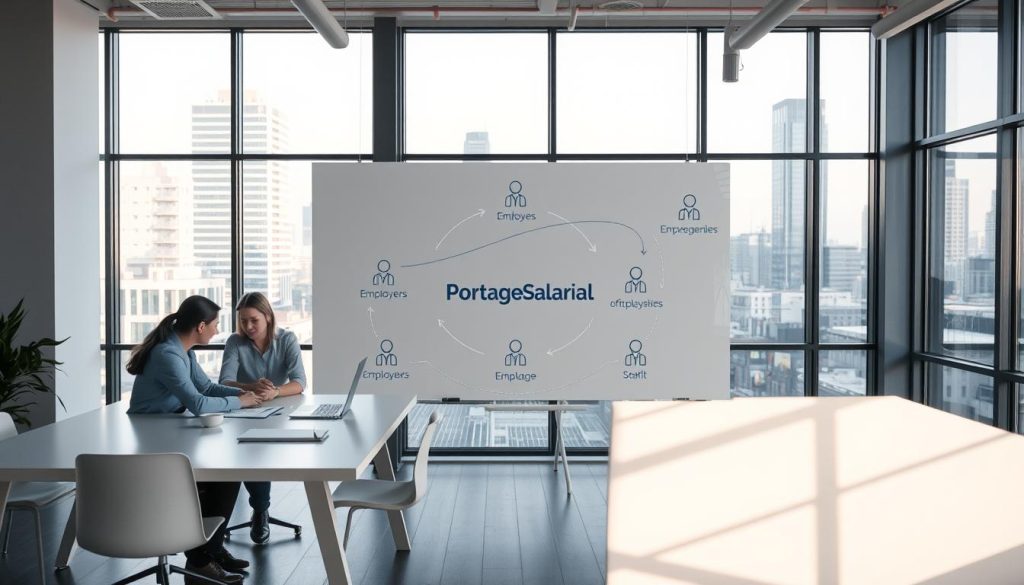 A modern office interior with a focus on the business model of Portage Salarial. In the foreground, a team of independent professionals collaborate at a sleek, minimalist workspace, their laptops and documents arranged neatly. Soft, diffused lighting filters in through large windows, casting a warm glow over the scene. In the middle ground, a whiteboard displays a visual representation of the Portage Salarial system, with arrows and icons illustrating the interconnected roles of employers, employees, and service providers. The background features a cityscape visible through the windows, suggesting the urban, professional context in which this innovative business model thrives.