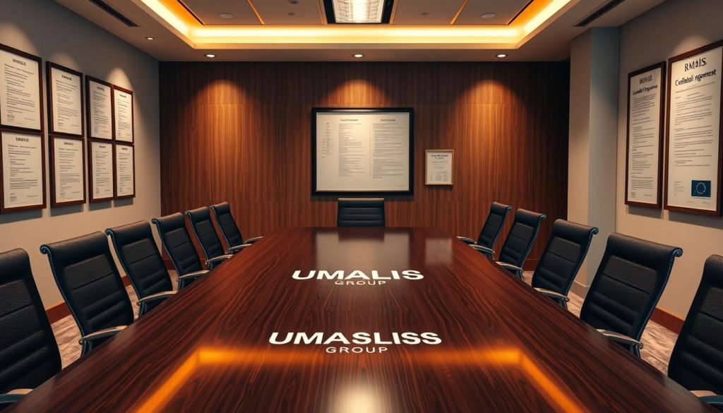 A modern office interior with a large conference table surrounded by ergonomic chairs. On the table, the UMALIS GROUP logo is prominently displayed. The walls are adorned with framed legal documents and collective bargaining agreements, creating an atmosphere of professional collaboration and labor relations. Warm, indirect lighting casts a soft glow, setting a tone of thoughtful discussion and negotiation. The scene conveys a sense of collective bargaining, worker protections, and employment security within a formal, corporate setting.
