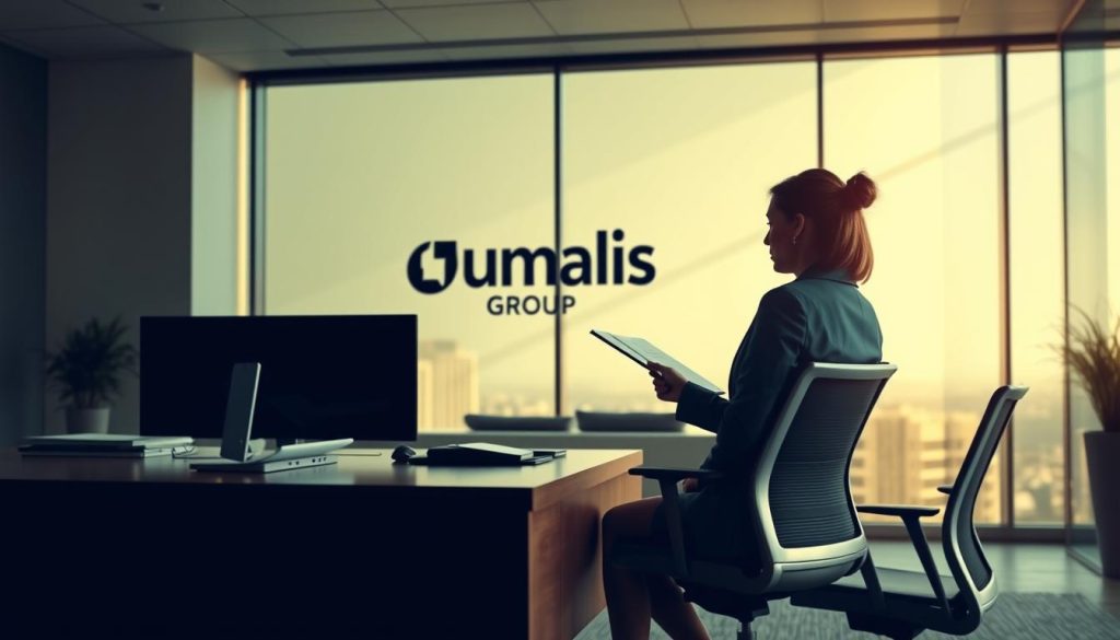A modern office interior with a large desk, computer, and ergonomic chair in the foreground. In the middle ground, a businesswoman in a formal suit discussing contract details with a client. The background features a large window overlooking a cityscape, with soft, directional lighting casting a warm glow. The Umalis Group logo is prominently displayed on the wall. The overall scene conveys a sense of professionalism, collaboration, and the obligations of an enterprise client in a contract staffing arrangement.