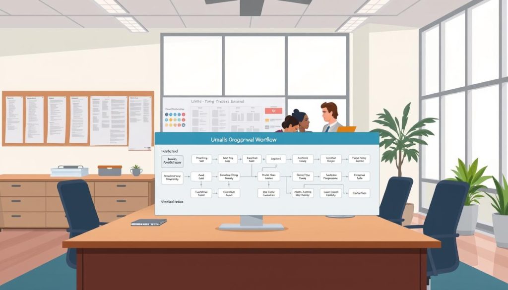 A modern office interior with a large desk, computer monitor, and organizational charts. In the foreground, an Umalis Group approval workflow diagram is prominently displayed, depicting an intuitive user interface with step-by-step approval processes. The middle ground features a team of professionals collaborating around the desk, discussing the workflow and calendar integration. The background showcases floor-to-ceiling windows, allowing natural light to flood the space, creating a productive and collaborative atmosphere. The lighting is soft and diffused, with a warm color temperature. The camera angle is slightly elevated, providing a comprehensive view of the scene.
