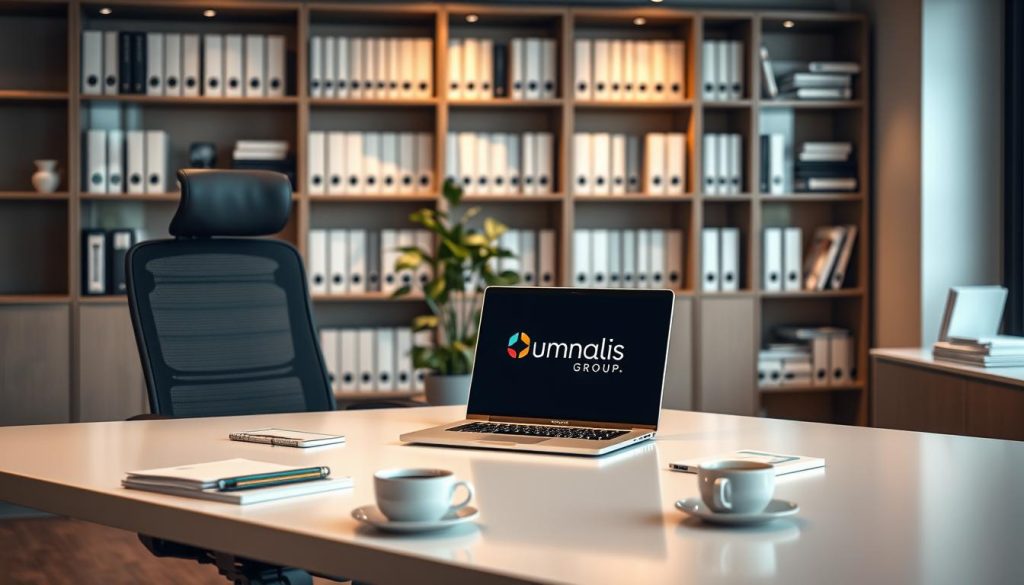 A modern office interior with a large desk, ergonomic chair, and a sleek laptop displaying the Umalis Group logo. Soft, warm lighting illuminates the scene, creating a professional yet inviting atmosphere. In the background, a bookshelf filled with business publications and financial documents hints at the intellectual rigor of the portage salarial industry. The middle ground features a potted plant, adding a touch of nature to the workspace. On the desk, a well-organized array of office supplies and a cup of coffee convey a sense of productivity and efficiency. The overall composition emphasizes the comfort, technology, and attention to detail that characterize an effective portage salarial practice.