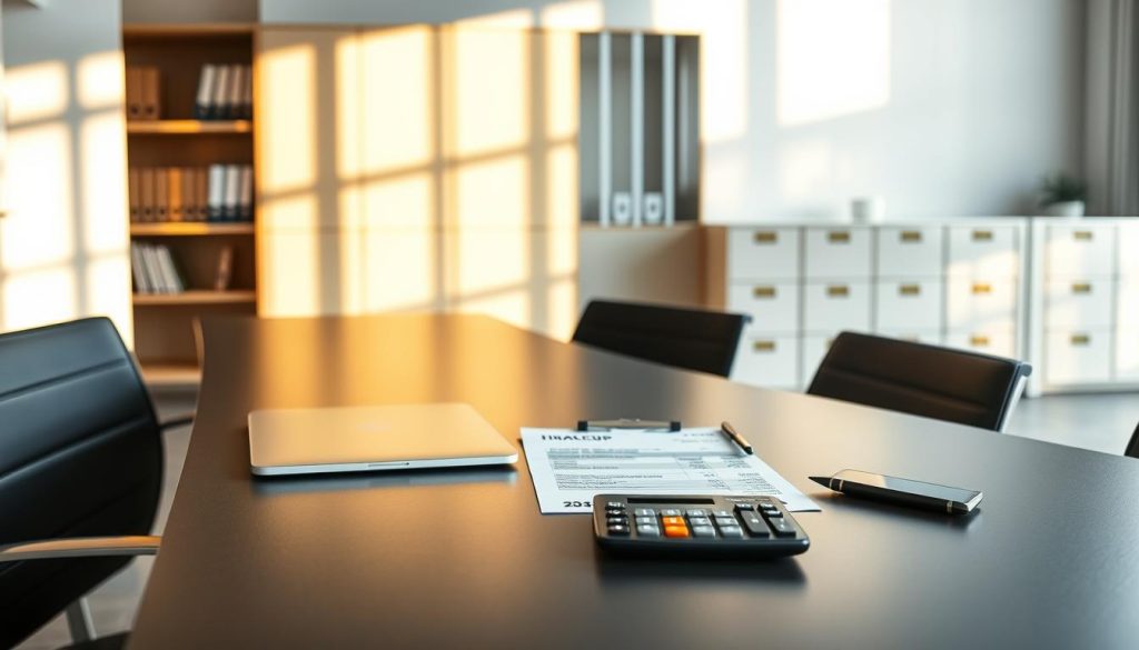 A modern office interior with a large desk showcasing the "UMALIS GROUP" brand. On the desk, a laptop, a professional invoice document, and a calculator symbolize the financial management process in the context of portage salarial. Soft natural lighting illuminates the scene, casting warm shadows and highlighting the sleek, minimalist design of the workspace. The background features bookshelves and filing cabinets, representing the administrative and compliance aspects of the billing and financial management in the portage salarial system.