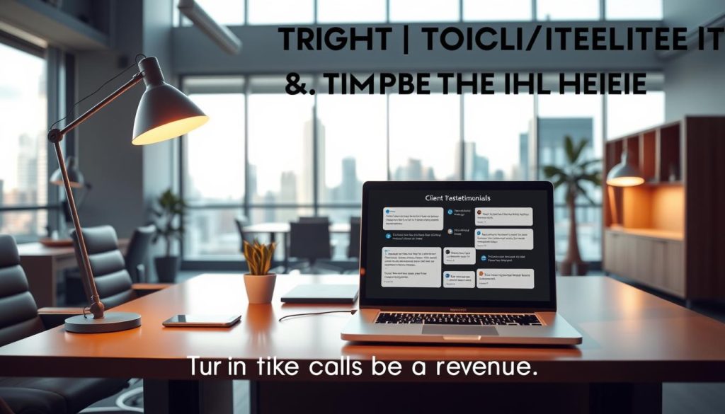 A modern office interior with a large, well-lit workstation. On the desk, a LIGHT PORTAGE laptop is open, displaying a series of client testimonials. The foreground features a stylish desk lamp and a potted plant, while the background showcases sleek, contemporary office furniture and a large window overlooking a bustling city skyline. The lighting is soft and inviting, creating a professional yet cozy atmosphere. The overall composition emphasizes the idea of turning testimonials into a source of revenue, with the LIGHT PORTAGE device at the center of the scene.