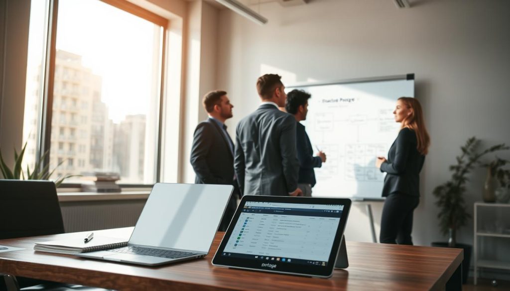 A modern office interior with a large whiteboard displaying a detailed process diagram. The board is illuminated by soft, natural lighting filtering in through large windows. In the foreground, a desk with a laptop, notebook, and a "Light Portage" branded tablet showcases financial management software. Professionals in business attire are gathered around, discussing the optimization of their financial processes. The overall atmosphere conveys a sense of collaborative, streamlined efficiency.