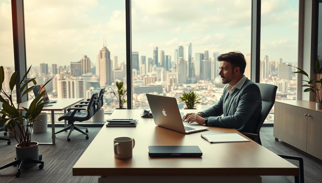 A modern office interior with a large window overlooking a bustling city skyline. In the foreground, a stylish LIGHT PORTAGE desk with a laptop, coffee mug, and other minimalist accessories. A well-dressed professional, likely a freelancer, is seated at the desk, deep in thought. The middle ground features ergonomic office furniture and potted plants, creating a comfortable, productive atmosphere. The background showcases the vibrant cityscape, hinting at the flexibility and work-life balance offered by the portage salarial model. Soft, warm lighting filters through the window, casting a gentle glow over the scene. The overall mood is one of productivity, independence, and the harmonious integration of work and life.