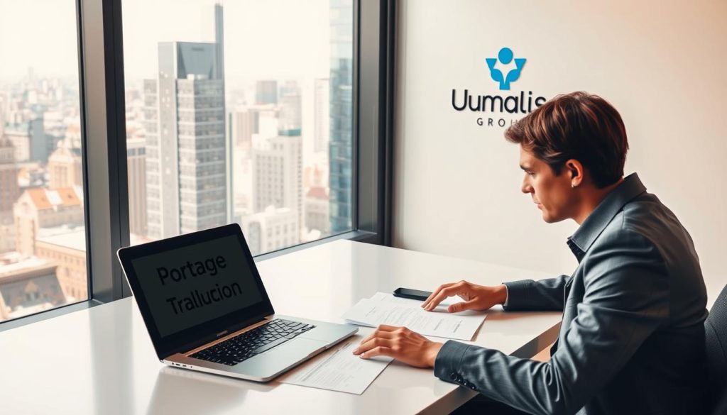 A modern office interior with a large window overlooking a bustling city skyline. On a sleek, minimalist desk, a laptop and documents labeled "Portage Salarial Traduction" sit in a neatly organized arrangement. The lighting is bright and natural, casting a warm glow across the scene. In the foreground, a professional-looking person, dressed in business attire, is engaged in deep concentration, their hands poised over the keyboard. In the background, the Umalis Group logo is prominently displayed on the wall, signifying the company's expertise in this specialized field of professional services.