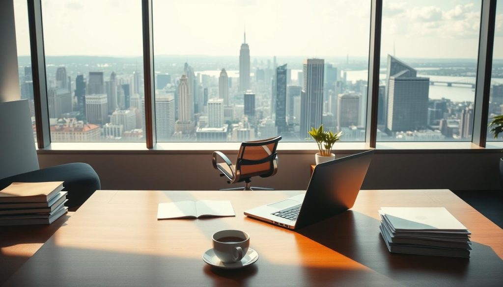 A modern office interior with a large window overlooking a city skyline. The foreground features a wooden desk with a laptop, cup of coffee, and neatly stacked documents. The middle ground showcases a stylish swivel chair and potted plant, while the background depicts a panoramic cityscape with skyscrapers and a glimpse of a river. The lighting is warm and natural, casting a soft glow throughout the scene. The overall atmosphere conveys a sense of productivity, potential, and the thriving nature of the Portage Salarial industry.