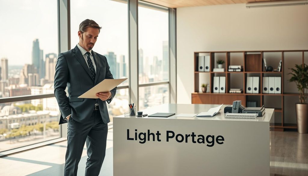 A modern office interior with a large window overlooking a vibrant city skyline. In the foreground, a well-dressed business professional stands in front of a sleek desk, reviewing legal documents with a serene expression. The desk features the prominent logo "Light Portage", representing the professional portage services provided. The middle ground showcases neatly arranged office supplies and a minimalist decor, conveying a sense of organization and efficiency. The background is bathed in warm, natural lighting, creating a welcoming and productive atmosphere. The overall scene conveys the legal obligations and responsibilities associated with the client-portage service relationship.