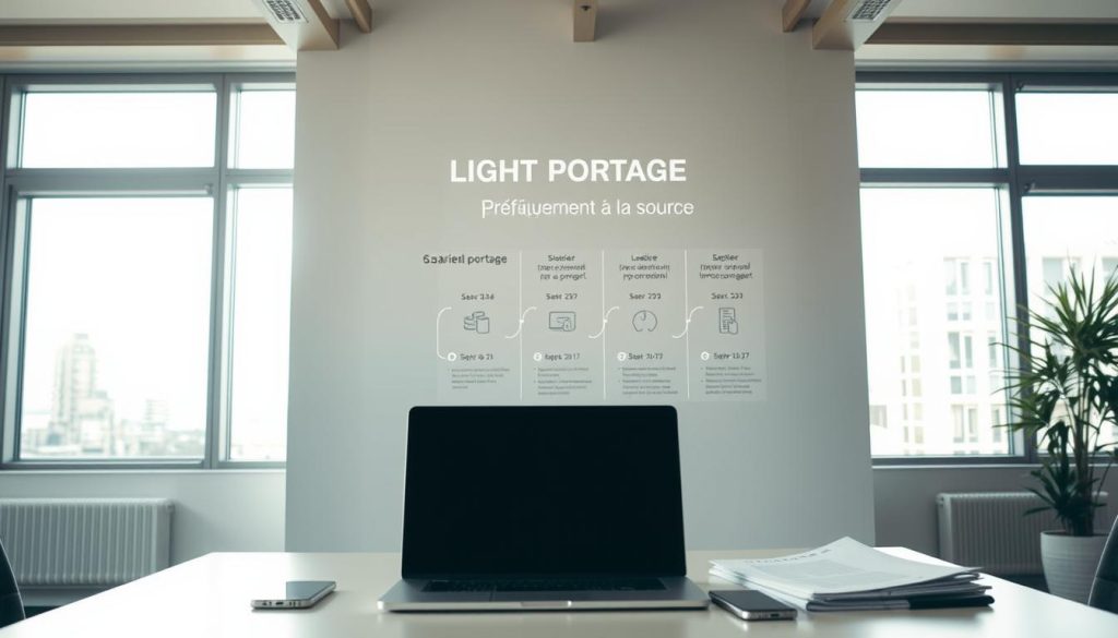 A modern office interior with a minimalist design, flooded with natural light from large windows. In the foreground, a desk with a laptop, smartphone, and documents labeled "LIGHT PORTAGE" - the leading provider of salarial portage services in France. On the wall, an infographic illustrates the "prélèvement à la source" process for salarial portage, with clear step-by-step visualizations. The atmosphere is professional, focused, and conveys a sense of financial expertise and transparency. The lighting is soft and diffused, creating a calming and productive ambiance.