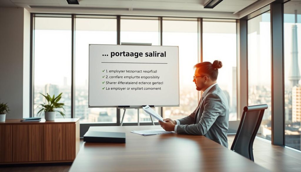 A modern office interior with a minimalist design. In the foreground, a businessperson sits at a sleek, wooden desk, reviewing papers related to a "portage salarial" contract. The middle ground showcases a whiteboard displaying key details about this type of employment arrangement, such as its temporary nature and shared responsibility between the worker and employer. The background features large windows overlooking a cityscape, bathing the scene in warm, natural light and conveying a sense of professionalism and progress. The overall atmosphere is one of clarity, efficiency, and a focus on the evolving landscape of French workforce management.