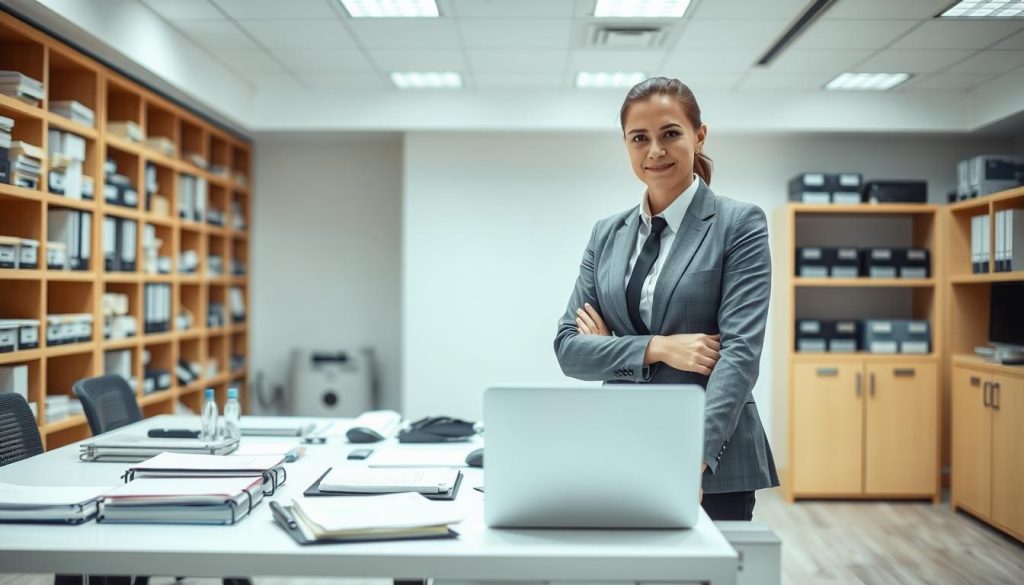 A modern office interior with a professional business person standing at a desk, dressed in formal attire. The desk is neatly organized with a laptop, documents, and other office supplies. The lighting is bright and clean, creating a focused and productive atmosphere. In the background, there are shelves or cabinets filled with files and office equipment, hinting at the administrative work involved in the "portage salarial" arrangement. The overall scene conveys a sense of organization, efficiency, and the collaborative relationship between the employee and the company providing the "portage salarial" service.