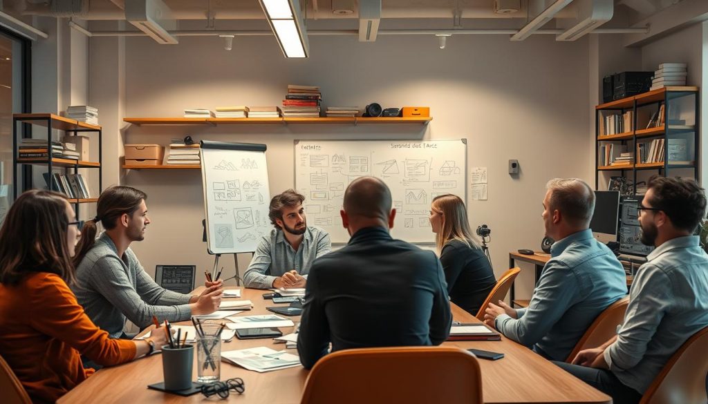 A modern office interior with a professional team of artists collaborating on a creative project. In the foreground, a group of individuals seated around a conference table, engaged in discussion and brainstorming, their faces illuminated by the warm glow of task lighting. In the middle ground, a whiteboard displays various sketches and diagrams, showcasing the artistic process. The background features shelves lined with art supplies, books, and computer equipment, reflecting the Umalis Group's expertise in the field of "portage salarial artistique". The overall scene conveys a sense of productivity, innovation, and the seamless integration of artistic expression within a professional work environment.