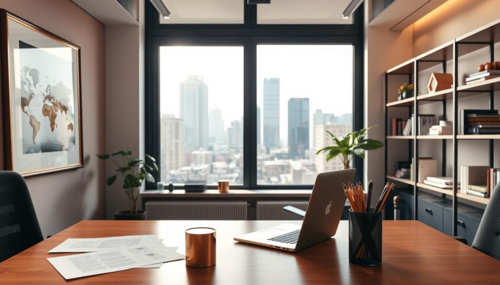A modern office interior with a professional, yet warm atmosphere. In the foreground, a desk with a laptop, papers, and a pen cup. Behind it, a large window overlooking a cityscape, casting soft, natural light into the room. On the walls, framed artwork and shelves displaying books and decorative items. The overall scene conveys a sense of productivity and thoughtfulness, fitting for the topic of evolving legislation on salarial portage in France.