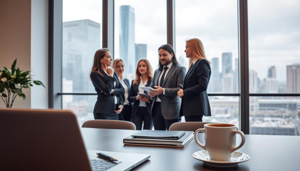 A modern office interior with a sleek, minimalist aesthetic. A neatly organized desk in the foreground features a laptop, pen, and a cup of coffee. In the middle ground, a team of professionals in business attire are engaged in a collaborative discussion, their faces thoughtful and focused. The background showcases tall windows overlooking a bustling city skyline, with soft, diffused lighting filtering through. The overall scene conveys a sense of professionalism, productivity, and the Umalis Group's expertise in the field of "portage salarial".