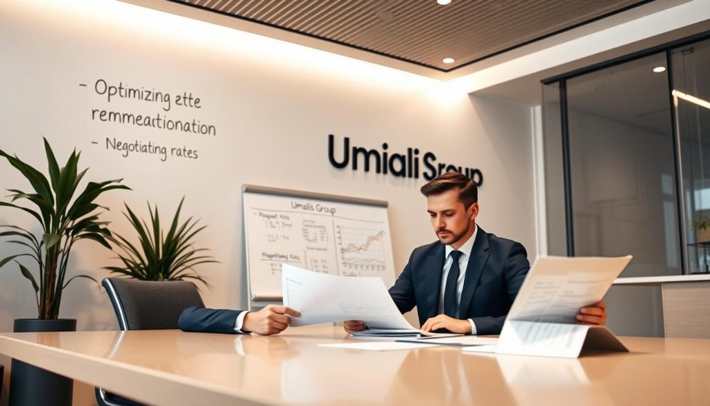 A modern office interior with a sleek, minimalist aesthetic. In the foreground, a well-dressed consultant sits at a polished desk, meticulously reviewing financial documents and charts. The middle ground features a whiteboard with handwritten notes on "optimizing remuneration" and "negotiating rates". In the background, the Umalis Group logo is prominently displayed on the wall, conveying a sense of professionalism and expertise. Soft, directional lighting illuminates the scene, creating a warm and focused atmosphere conducive to strategic financial planning. A modern office interior with a sleek, minimalist aesthetic. In the foreground, a well-dressed consultant sits at a polished desk, meticulously reviewing financial documents and charts. The middle ground features a whiteboard with handwritten notes on "optimizing remuneration" and "negotiating rates". In the background, the Umalis Group logo is prominently displayed on the wall, conveying a sense of professionalism and expertise. Soft, directional lighting illuminates the scene, creating a warm and focused atmosphere conducive to strategic financial planning.