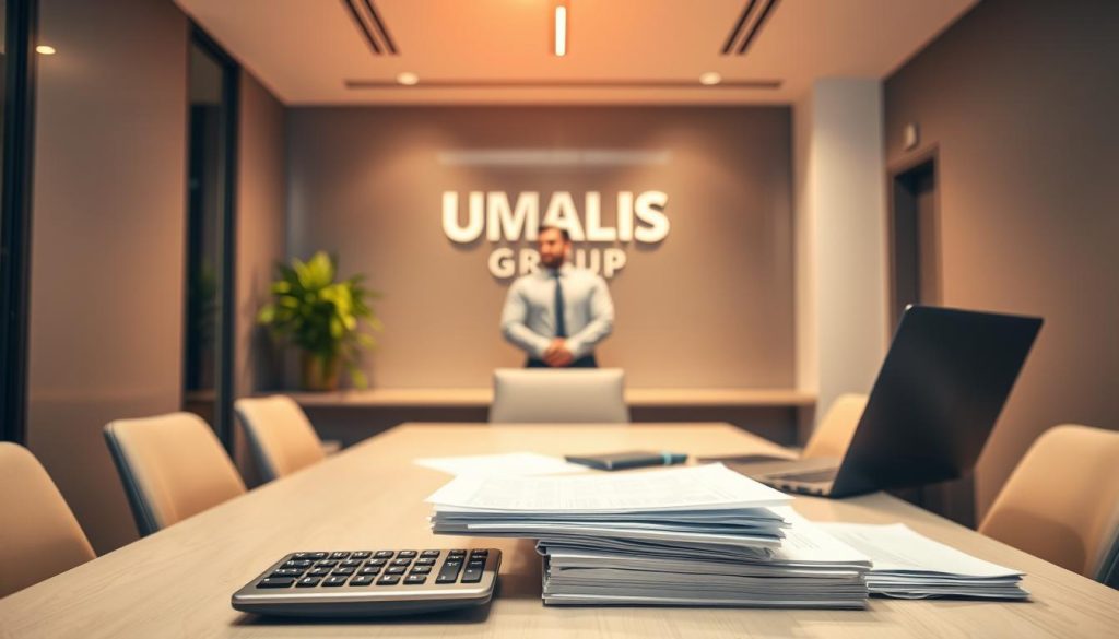 A modern office interior with a sleek, minimalist design. In the foreground, a desk with a laptop, calculator, and a stack of documents, representing the optimization of salary calculations. In the middle ground, a smartly dressed business professional, embodying the concept of "portage salarial" or professional outsourcing. The background features the UMALIS GROUP logo, signifying the company's expertise in this field. Warm, directional lighting illuminates the scene, creating a sense of professionalism and productivity. The overall mood is one of efficiency, organization, and financial optimization.