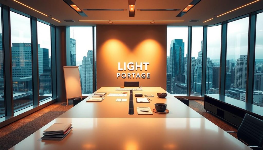A modern office interior with a sleek, minimalist design. Warm lighting illuminates a large desk featuring the LIGHT PORTAGE logo prominently displayed. On the desk, various work materials are neatly arranged, hinting at the services offered by the company. The background showcases floor-to-ceiling windows, providing a panoramic view of a bustling city skyline. The overall atmosphere is one of professionalism, efficiency, and a forward-thinking approach to "portage salarial" - the concept of providing administrative and financial support to independent professionals.
