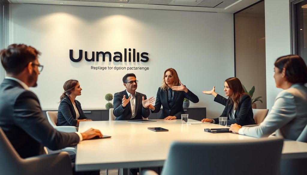 A modern office interior with a team of professional consultants engaged in a lively discussion around a conference table. In the foreground, a female consultant in a sleek power suit gestures animatedly, while her colleagues listen intently. Soft, directional lighting illuminates the scene, casting subtle shadows and highlighting the details of the contemporary furniture and decor. The Umalis Group logo is prominently displayed on the wall, underscoring the corporate setting. An atmosphere of collaboration and productivity pervades the space, showcasing the tangible benefits of the "portage salarial" business model.
